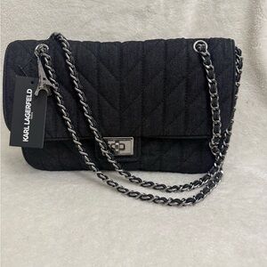Karl Lagerfeld Black Quilted Shoulder Bag with Silver Chain